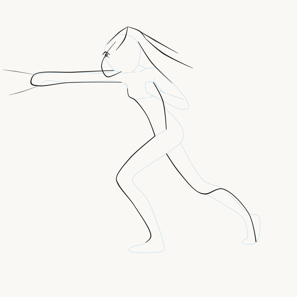 Hand-drawn key frame — a character mid-strike, rough ink over blue construction lines
