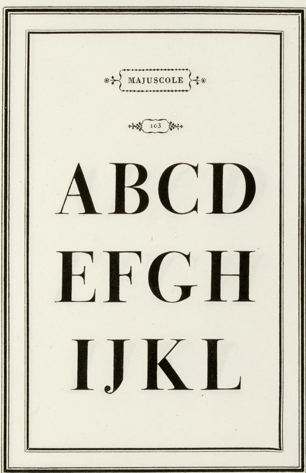 Alignment: a page of capitals from Bodoni's Manuale tipografico, 1818, every element sharing one centre line: the cartouche, the number, the three rows of letters and the ruled frame around them.