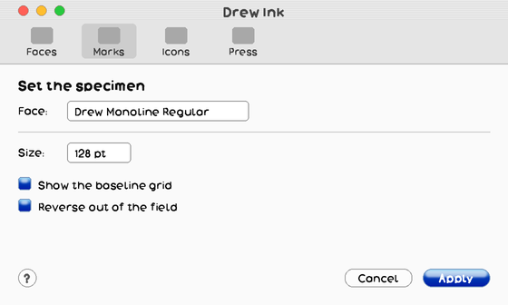 Aqua: a Mac OS X preferences window with a pinstriped title bar, three lozenge window buttons, a toolbar of four items with one selected, labelled fields, two blue gel checkboxes, a round Help button at the foot and a glossy blue default button beside a colourless Cancel.
