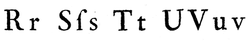 Ball terminal: R r S long-s s T t U V u v from Fournier's roman of 1766, the r ending in a round drop.