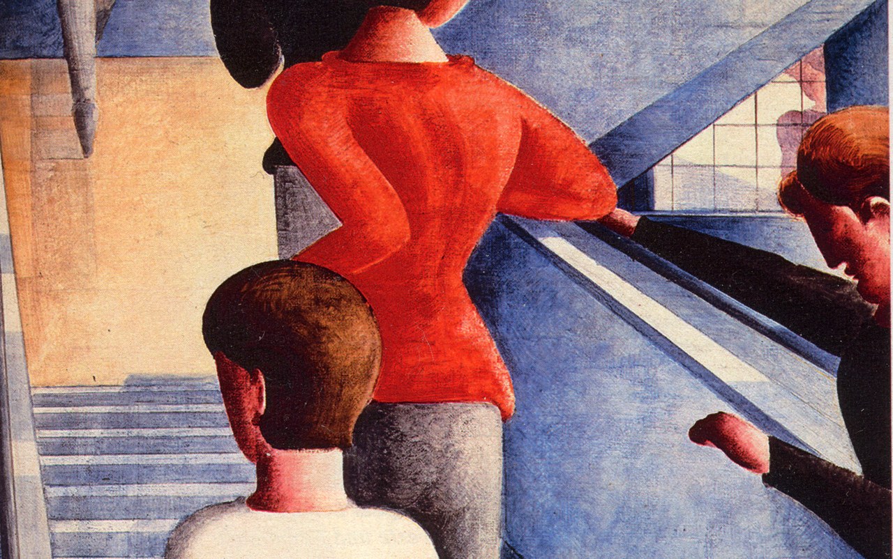 Bauhaus: Schlemmer's painting of the Dessau school stair, figures reduced to volumes on the building's own geometry.