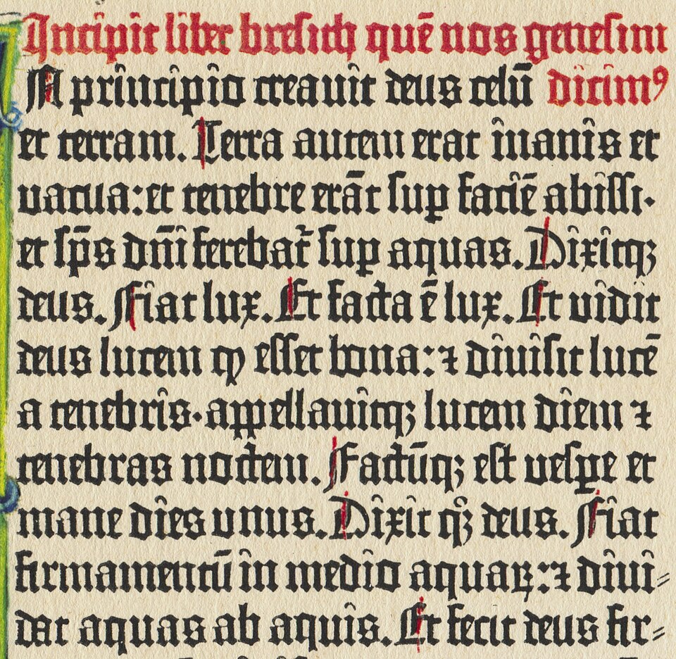 A column of the 42-line Gutenberg Bible in textura, the opening of Genesis, with red rubrication.