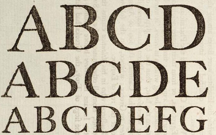 Bracket: Caslon's capitals in three sizes, each serif curving into its stem.