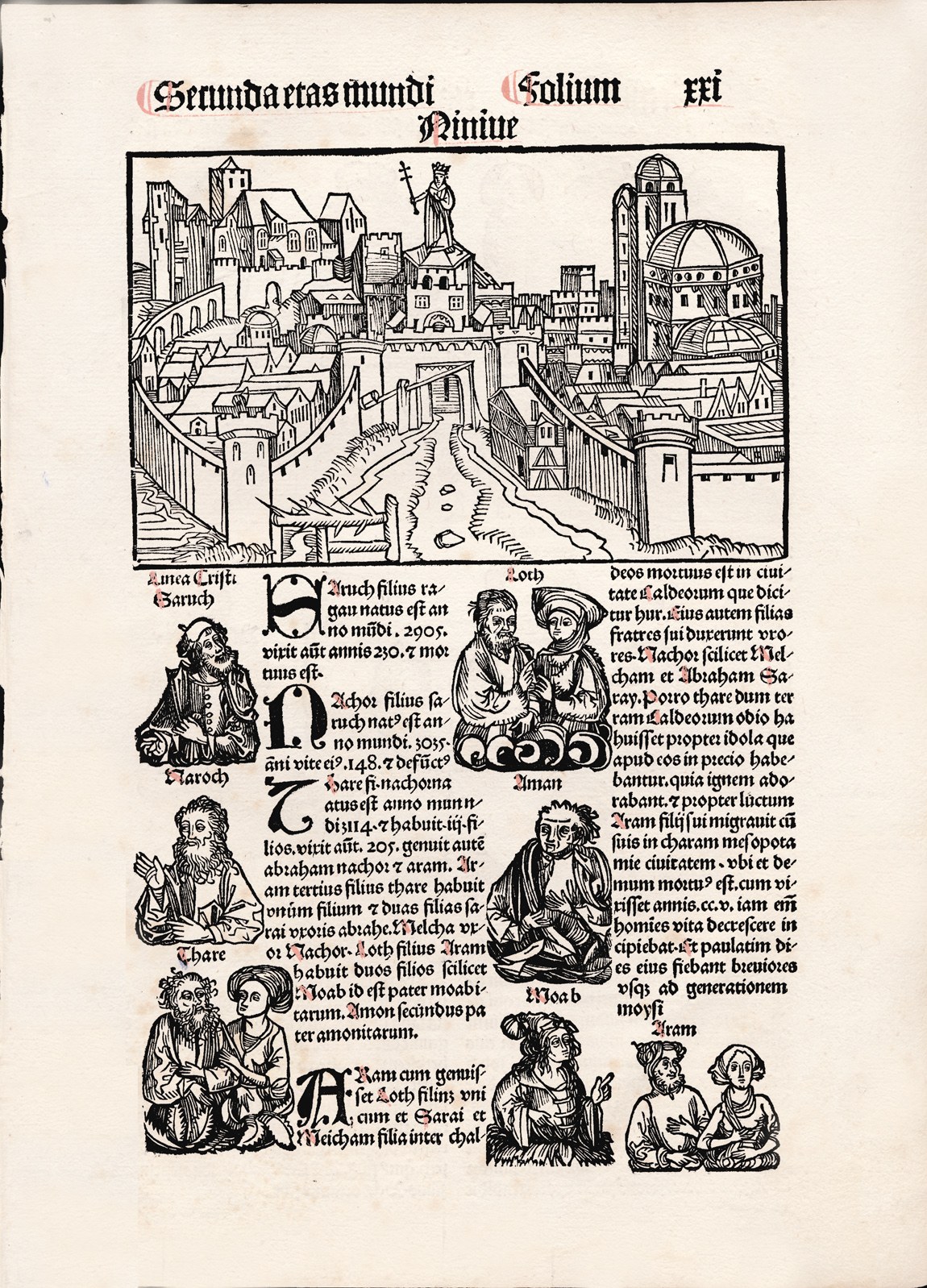 Column grid: a page of Schönsperger's Nuremberg Chronicle, Augsburg 1497, two columns of text under a woodcut that spans both, the portraits and paragraphs each held to one column or the other.