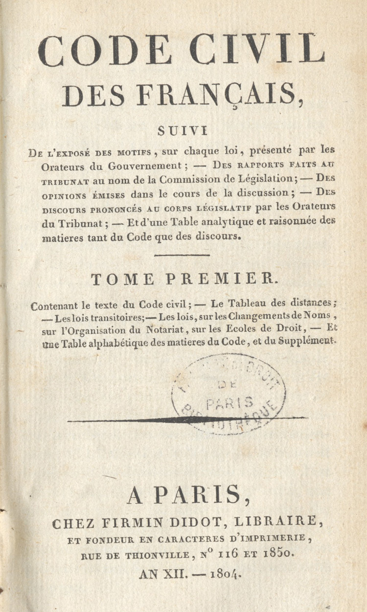 Didone: the title page of the Code civil des Français printed by Firmin Didot in Paris in 1804, in his own types, hairline serifs and a vertical stress.