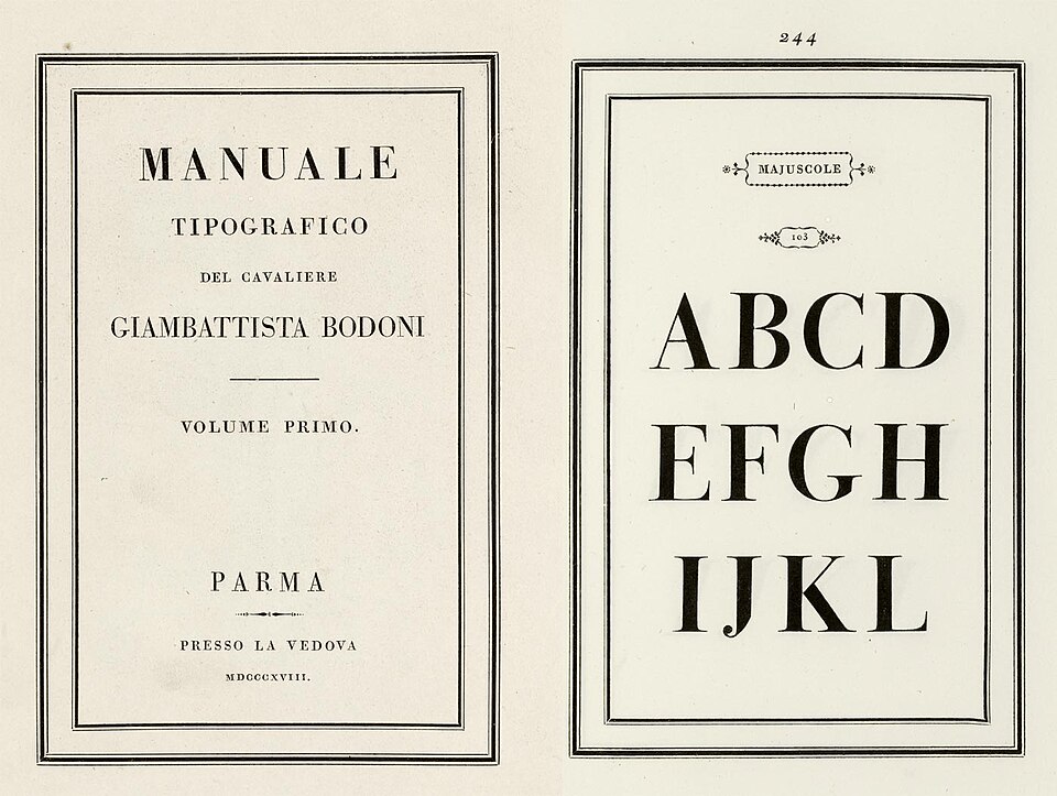 The Manuale tipografico of Giambattista Bodoni, Parma, 1818: the title page and a page of majuscules, ABCD EFGH IJKL, in his high-contrast roman.