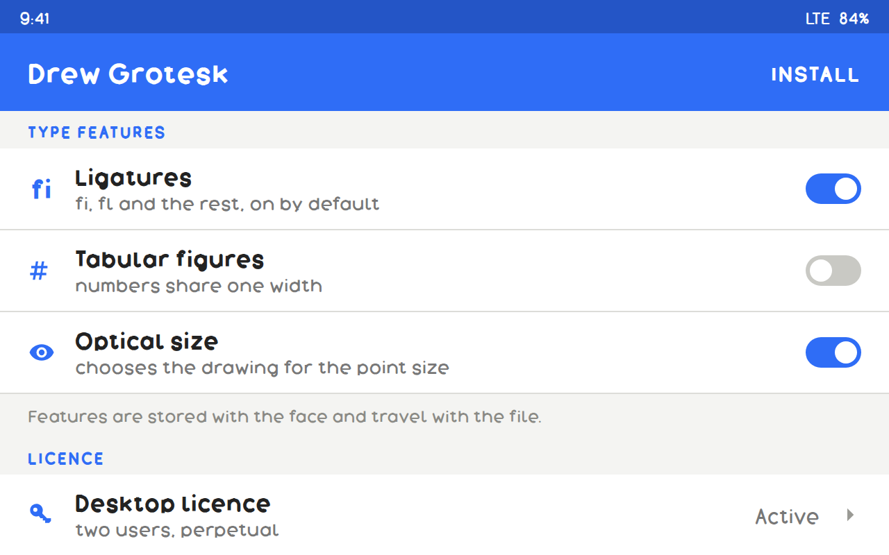 Flat design: a settings screen with a flat status bar, a solid blue app bar carrying the title and a text action, two section headers in small tracked blue capitals, rows each with a solid single-colour glyph, a label and a note, two switches on and one off, a row showing a value with a chevron, a grey footnote, and a last row cut by the bottom of the screen. No shadow or gradient anywhere.