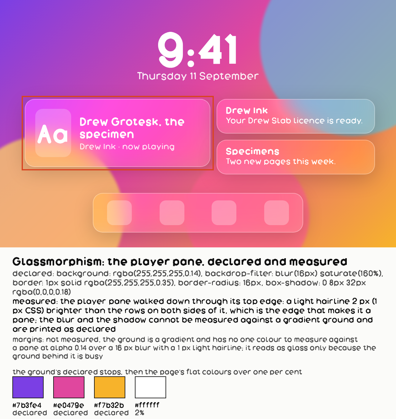 Glassmorphism, a breakdown: the page with its own margins ruled in the mark colour, the player pane boxed, the recipe as declared and as measured on the file beneath, and the page's colours swatched with their shares.