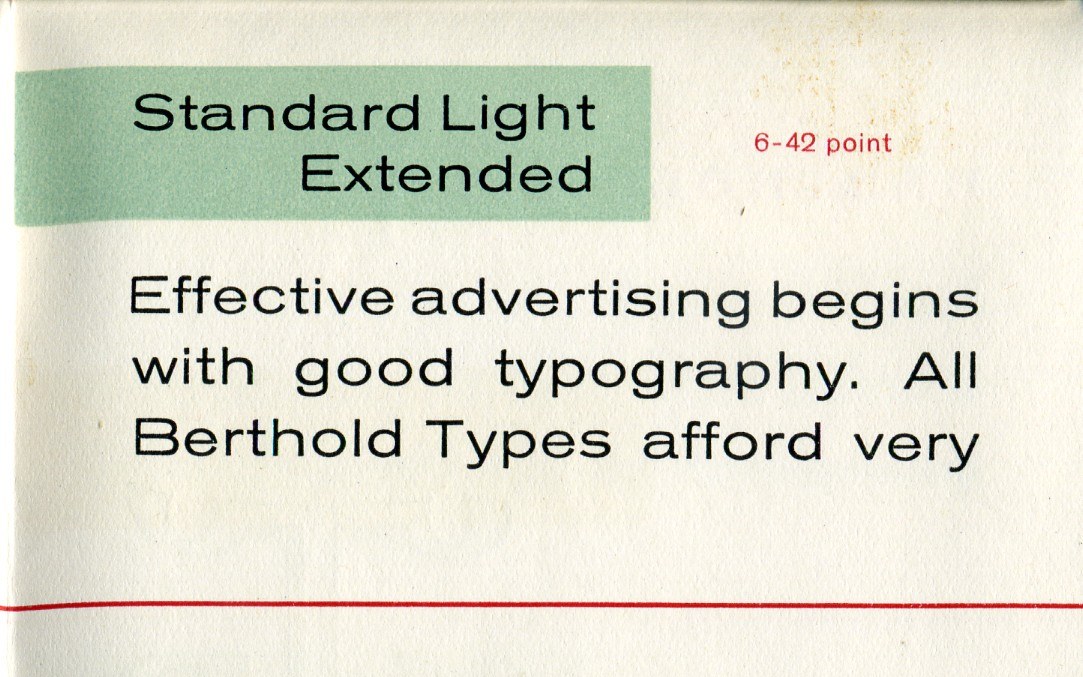 Grotesque: a page of a Berthold specimen showing Akzidenz-Grotesk, sold as Standard, in extended weights.