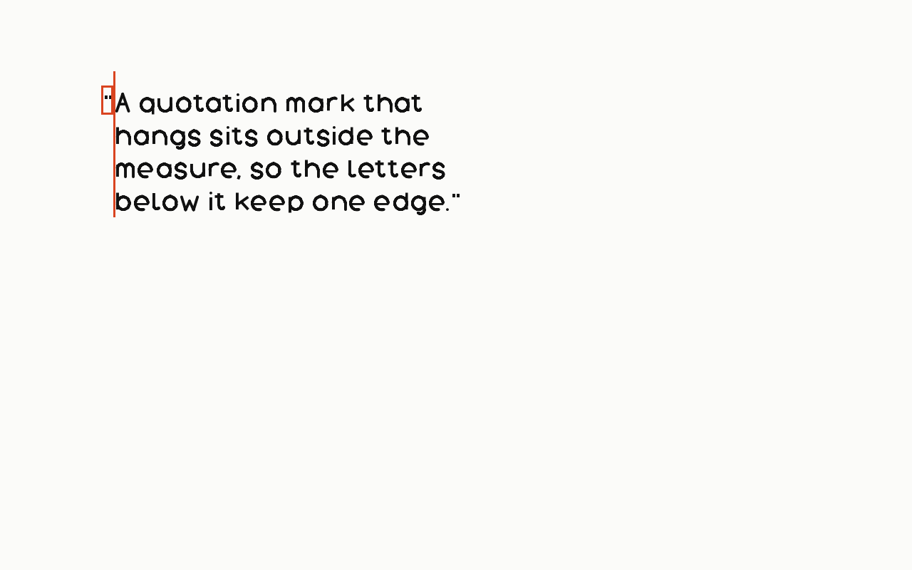 Hanging punctuation: a letter in the house face with the hanging punctuation marked in vermilion.
