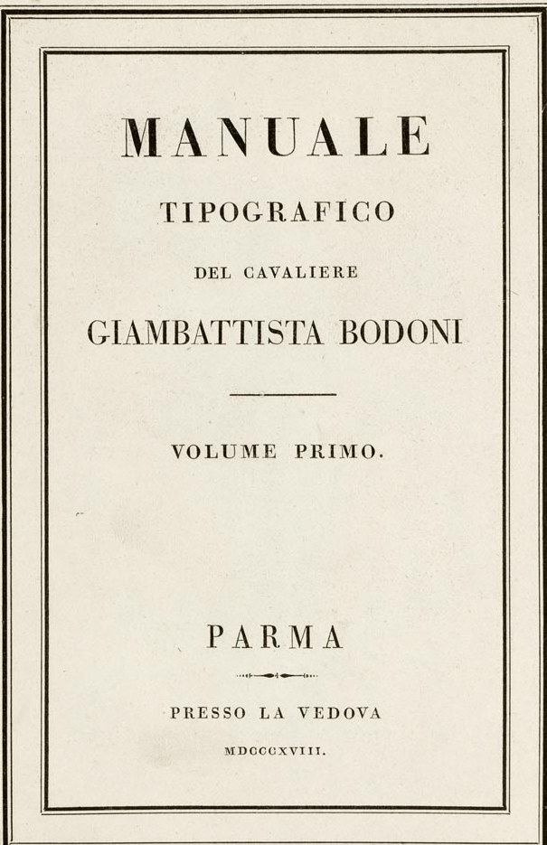 Hierarchy: the title page of Bodoni's Manuale tipografico, 1818, read in the order its sizes decide: the title first, the subtitle, then the author's name, the volume, the city, the printer.