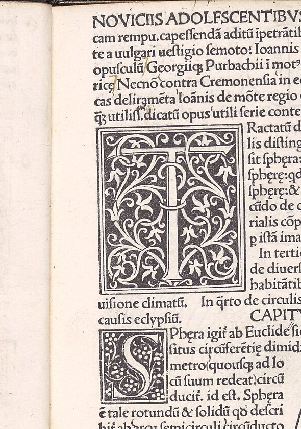 Humanist: the opening of Sacrobosco's Sphaera mundi printed by Erhard Ratdolt in Venice in 1485, a Venetian roman with a slanted stress after Jenson's.