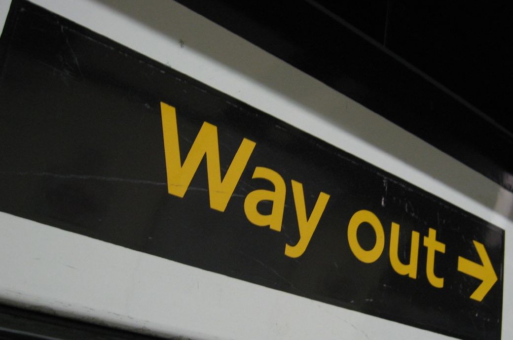 Humanist sans: WAY OUT in Johnston on a London Underground sign at Warren Street, the letters built on the proportions of Roman capitals and a pen-formed lowercase.