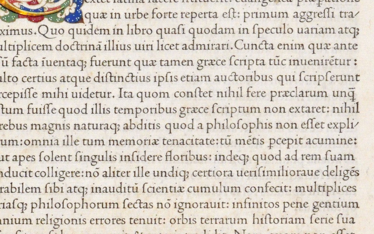 Humanist: a page of roman type printed by Nicolas Jenson in Venice in 1470, the letters upright with a slanted stress and low contrast.