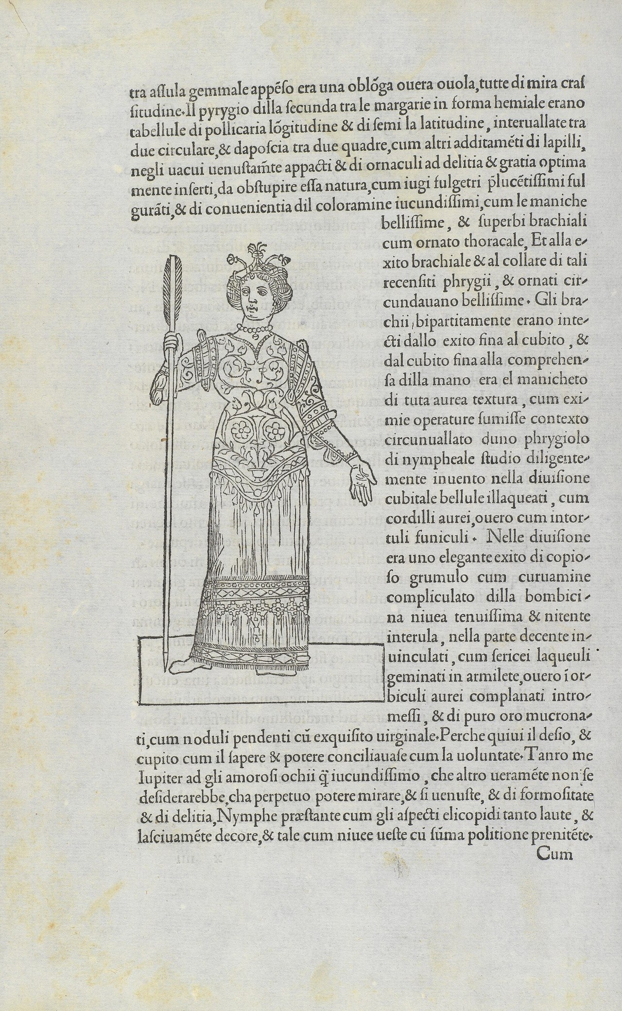 Measure: a page of the Hypnerotomachia Poliphili, Aldus 1499, its full lines running long, about seventy characters, and the lines beside the woodcut cut to half that.