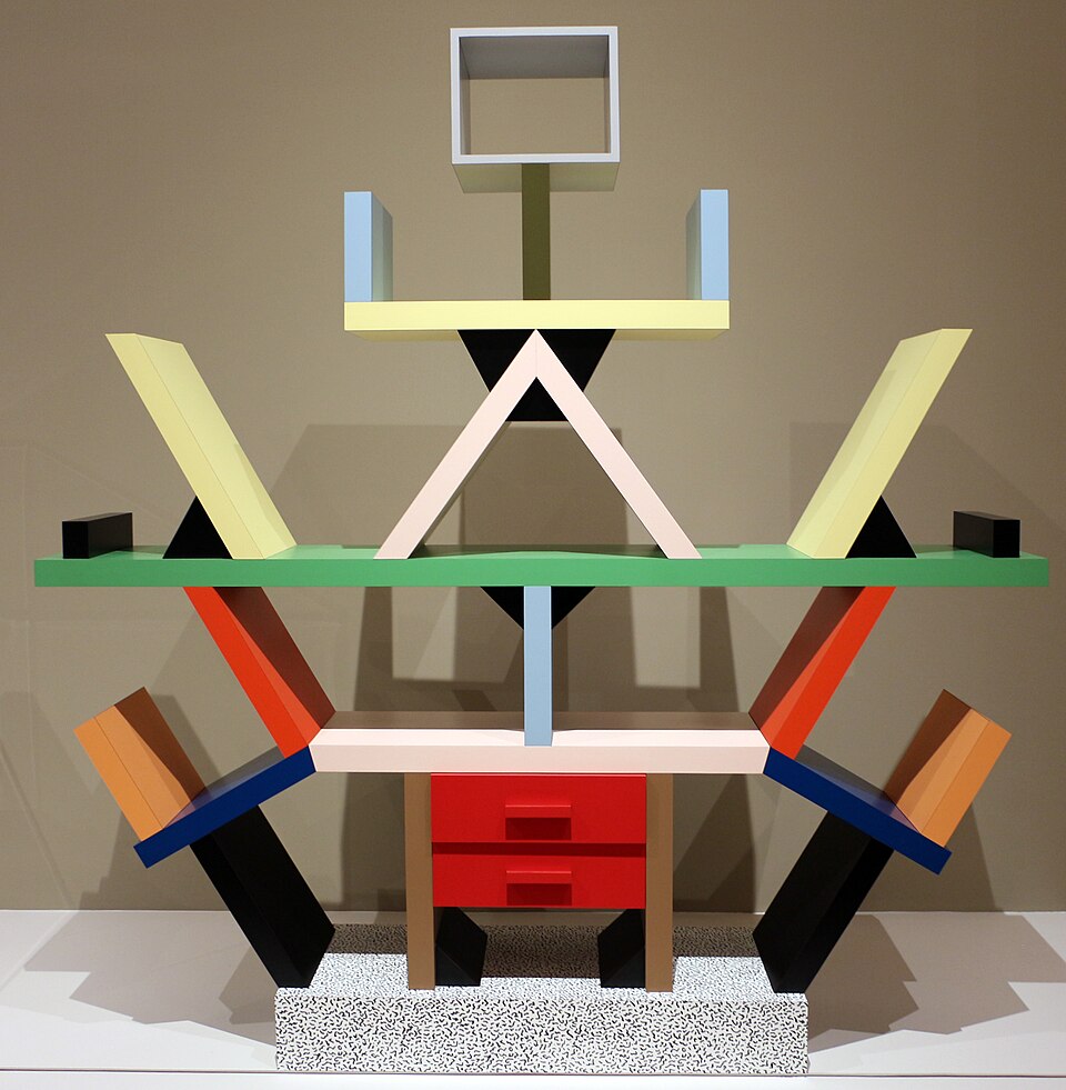 The Carlton bookcase by Ettore Sottsass for Memphis, 1981: coloured planks at odd angles on a terrazzo-patterned base.
