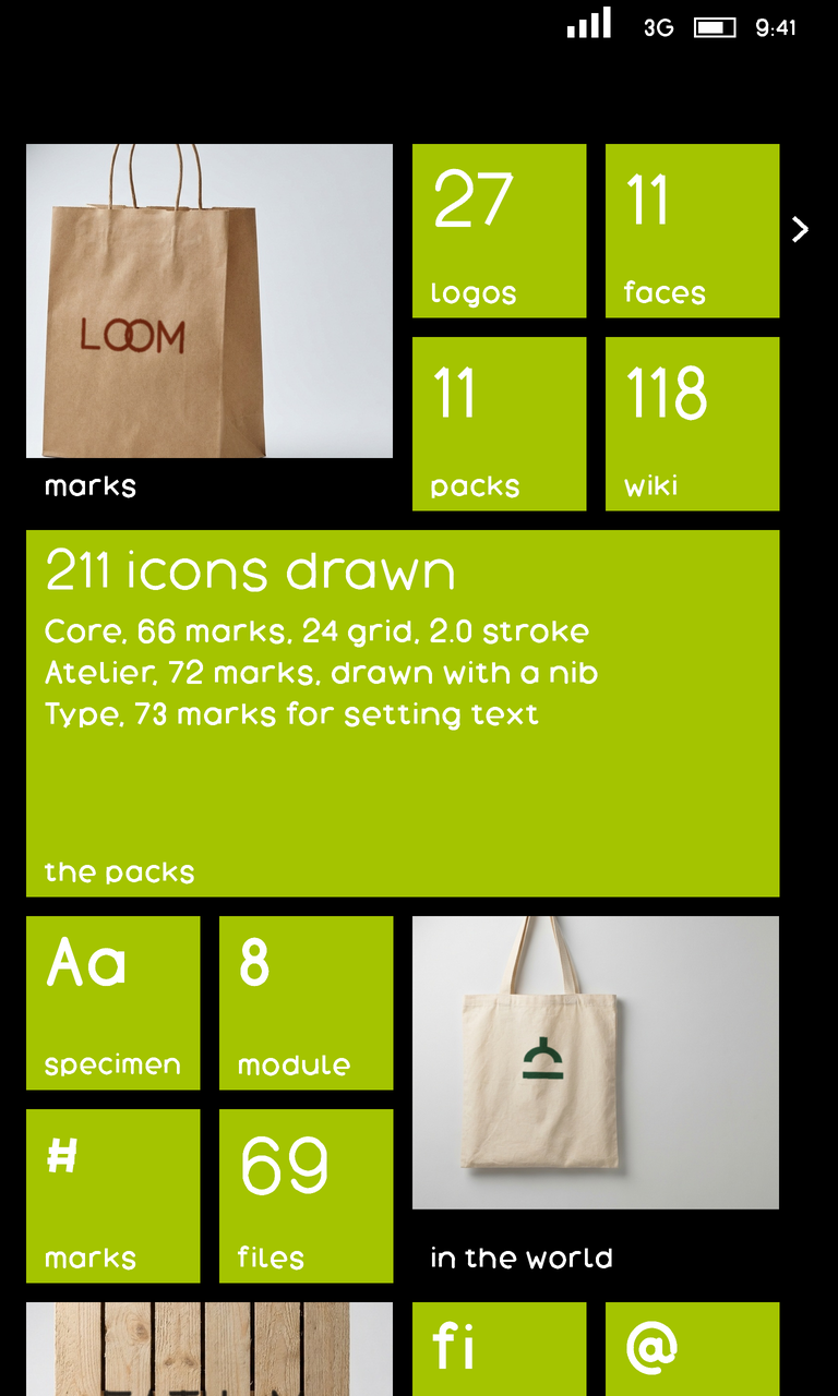 Metro: a Windows Phone start screen on a true black ground, a left-aligned grid of flat lime tiles at the three sizes Microsoft published, small, medium and wide carrying counts and names rather than icons, two of them showing a mark on a carrier, and the arrow to the app list in the empty right column.