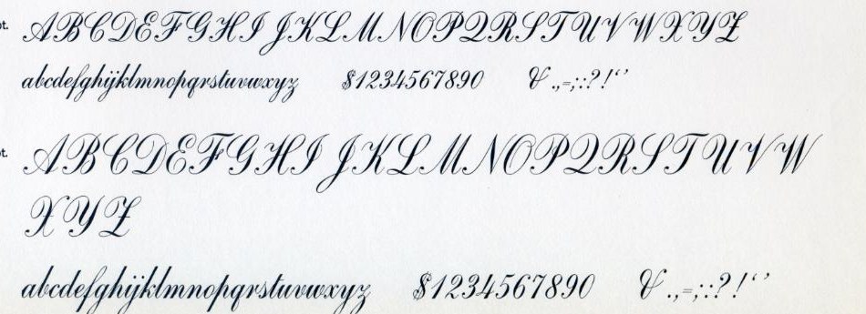 Script: Typo Script at 36 and 48 point on an Adcraft Typographers specimen sheet, a foundry script with flourished capitals and a joined lowercase.