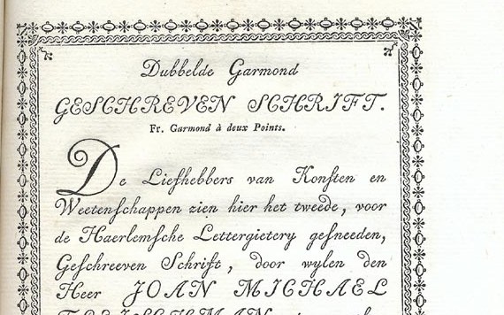 Script: Fleischman's written hand cut as type, from the Enschedé specimen of 1768, the letters joined as handwriting.