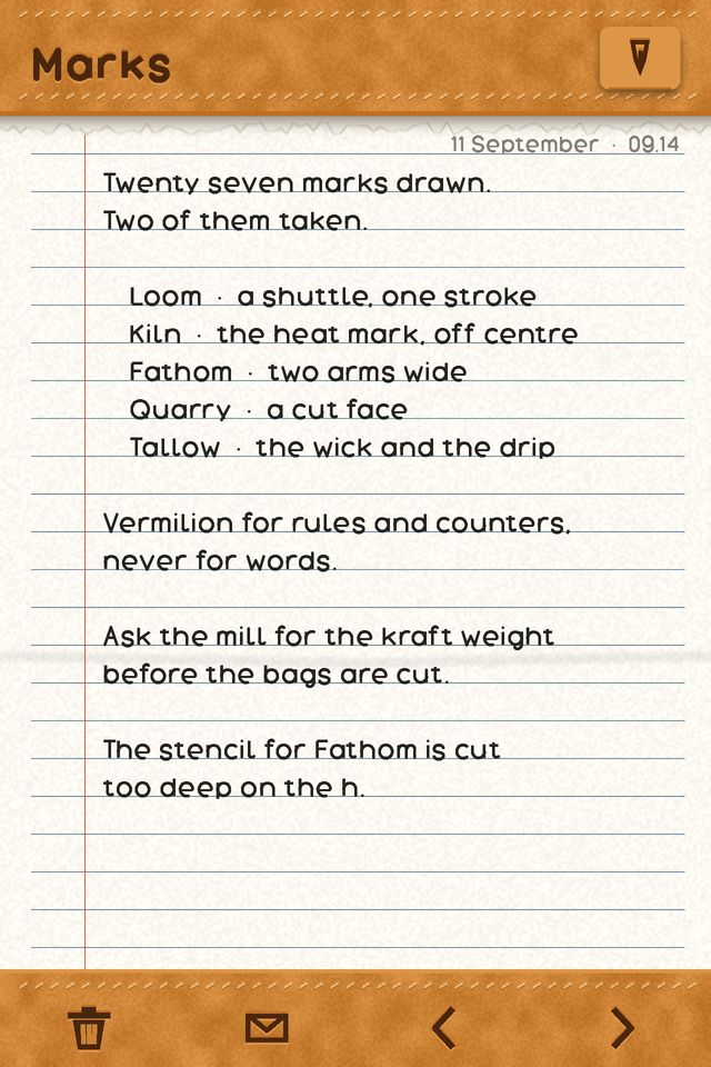 Skeuomorphism: a phone note-taking app drawn as a physical object. A grained leather header saddle-stitched along both edges carries the app's name stamped into the hide and one raised leather cap with a nib cut into it; below it the torn remnant of the previous page, then ruled cream paper with a red margin rule, a date, a list written on the lines and a soft crease across it; a leather strip at the foot carries four marks cut into the hide, a bin, an envelope and two page chevrons.