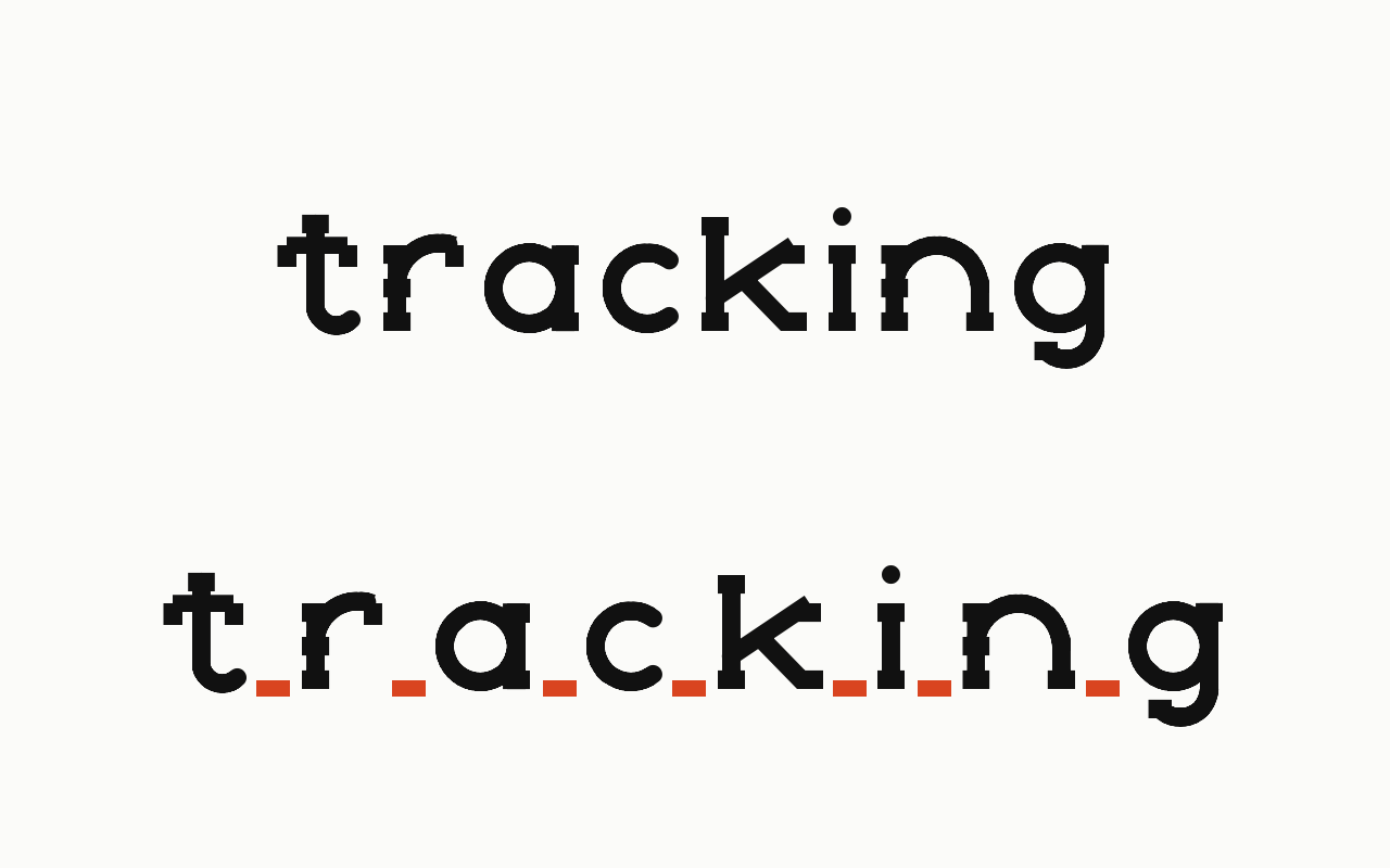 Tracking: a letter in Drew Slab Regular with the tracking marked in vermilion.