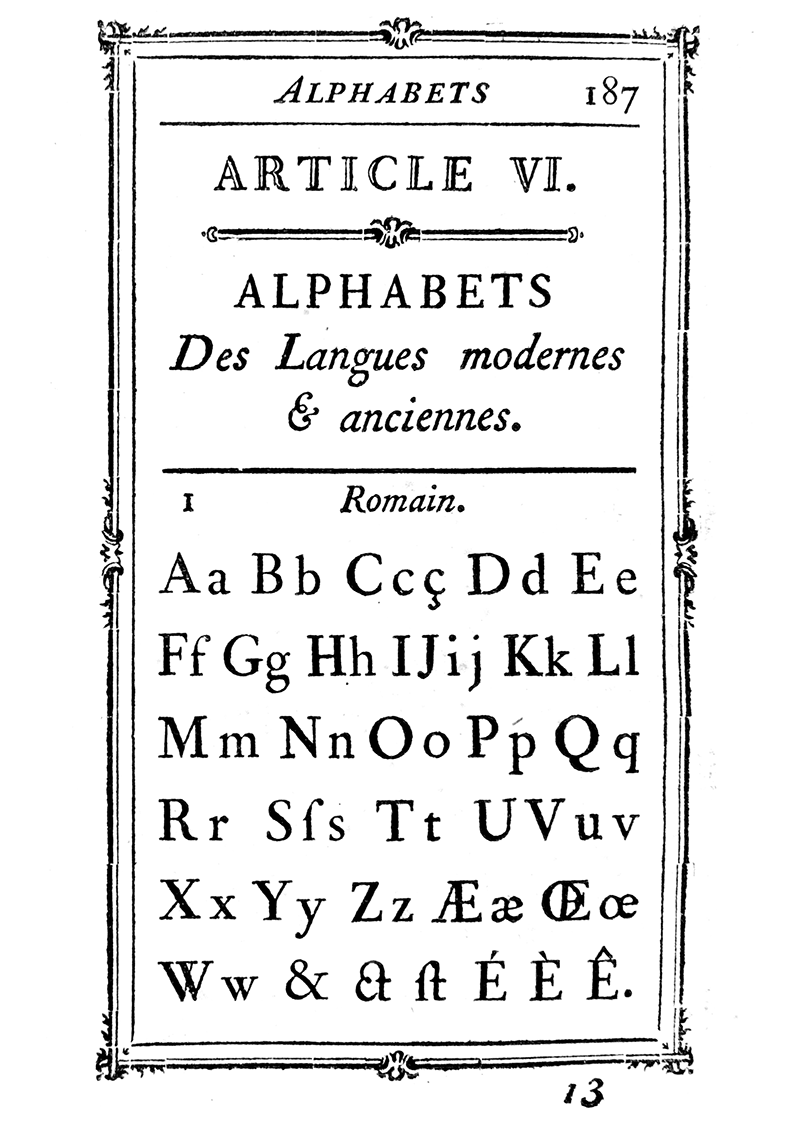 Transitional: Fournier's roman alphabet in his Manuel typographique, Paris, 1766, upright, with a near-vertical stress and sharpened serifs.
