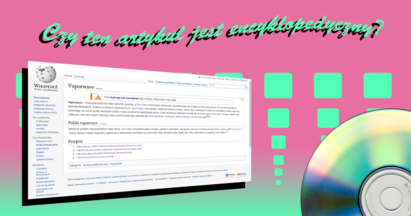Vaporwave: a pink-to-mint gradient, a script line with a hard black shadow, a tilted browser window, a field of mint squares and a compact disc.