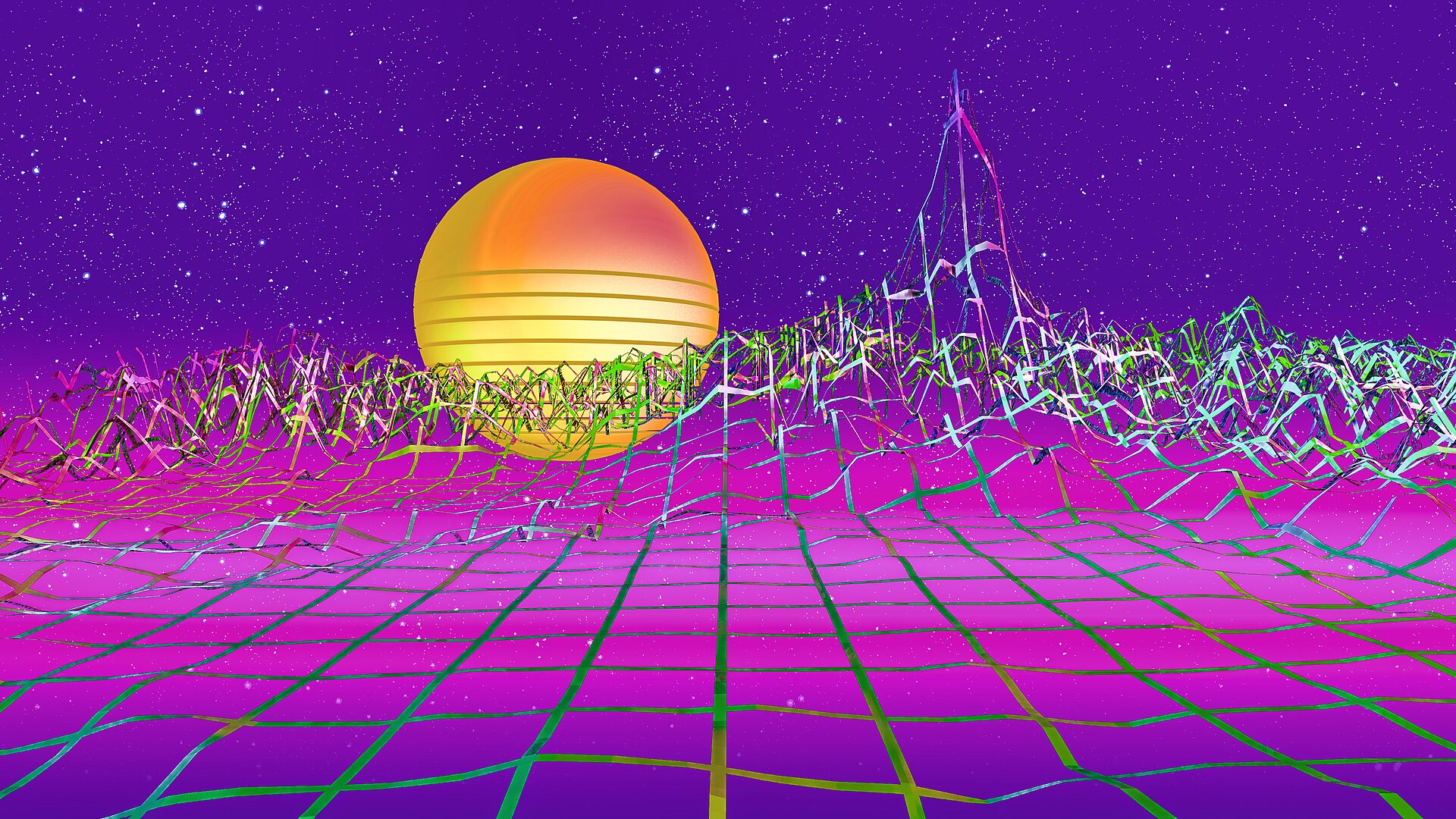 Vaporwave: a banded orange sun over a magenta perspective grid under a starred violet sky, with a wireframe ridge.
