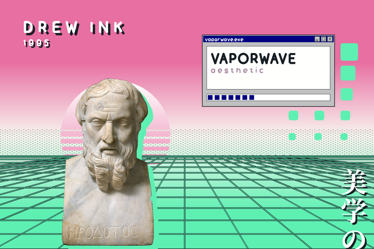 Vaporwave: a marble bust of Herodotos lifted onto a pink-to-mint gradient with a banded sun, a perspective grid, a window of 1995 chrome, Japanese characters and wide-tracked lettering with a hard drop shadow.